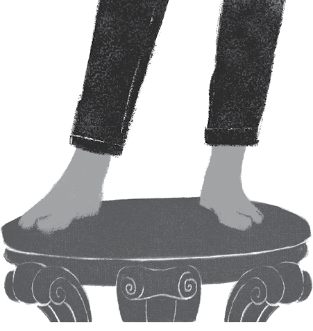 A black and white drawing of a person standing on a pedestal.  AI generated content